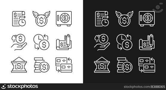 Financial activities pixel perfect linear icons set for dark, light mode. Bank payments. Cheque book. Wasting money. Thin line symbols for night, day theme. Isolated illustrations. Editable stroke. Financial activities pixel perfect linear icons set for dark, light mode