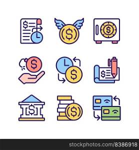 Financial activities pixel perfect RGB color icons set. Bank payments. Cheque book. Wasting money. Donation. Isolated vector illustrations. Simple filled line drawings collection. Editable stroke. Financial activities pixel perfect RGB color icons set