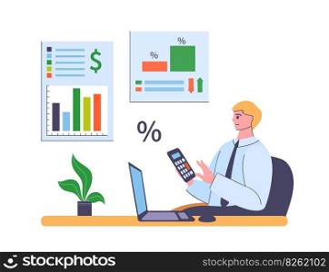 Financial advisor. Calculate expenses and income, business financial corporate data and planning. Male employee sitting at desk and analyzing graphs. Worker checking tax, income vector. Financial advisor. Calculate expenses and income, business financial corporate data and planning. Male employee sitting
