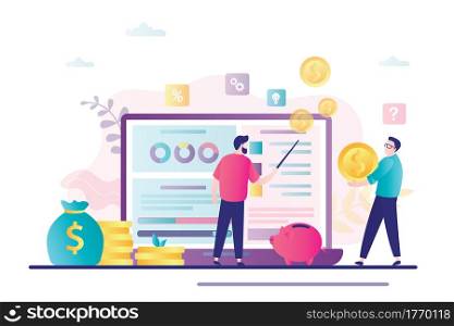 Financial advisor provides analytics to businessman on monitor screen. Male client consult about invest strategy, finance planning. Analysis,investment and money management concept.Vector illustration. Male client consult about invest strategy, finance planning. Analysis,investment and money management concept.