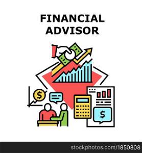Financial Advisor Vector Icon Concept. Financial Advisor Researching Financial Report And Giving Advice For Client. Businessman Professional Finance Consultation Color Illustration. Financial Advisor Vector Concept Illustration