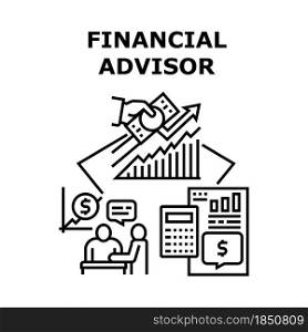 Financial Advisor Vector Icon Concept. Financial Advisor Researching Financial Report And Giving Advice For Client. Businessman Professional Finance Consultation Black Illustration. Financial Advisor Vector Concept Illustration