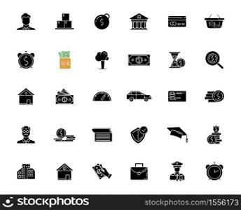 Financial aid black glyph icons set on white space. Business investment. Financial operation. Monetary gain. Deposit money. Revenue and benefit. Silhouette symbols. Vector isolated illustration. Financial aid black glyph icons set on white space
