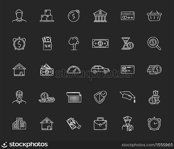 Financial aid chalk white icons set on black background. Business investment. Financial operation. Monetary gain. Deposit money. Revenue and benefit. Isolated vector chalkboard illustrations. Financial aid chalk white icons set on black background