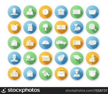 Financial aid flat design long shadow glyph icons set. Business investment. Financial operation. Monetary gain. Deposit money. Mortgage cash. Revenue and benefit. Silhouette RGB color illustration. Financial aid flat design long shadow glyph icons set