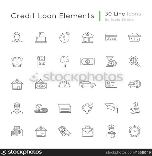 Financial aid linear icons set. Business investment. Financial operation. Monetary gain. Deposit money. Customizable thin line contour symbols. Isolated vector outline illustrations. Editable stroke. Financial aid linear icons set