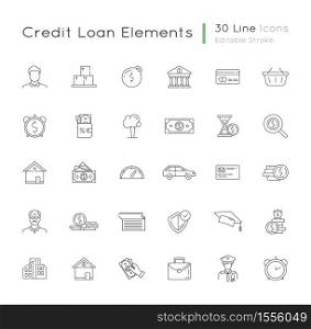 Financial aid linear icons set. Business investment. Financial operation. Monetary gain. Deposit money. Customizable thin line contour symbols. Isolated vector outline illustrations. Editable stroke. Financial aid linear icons set