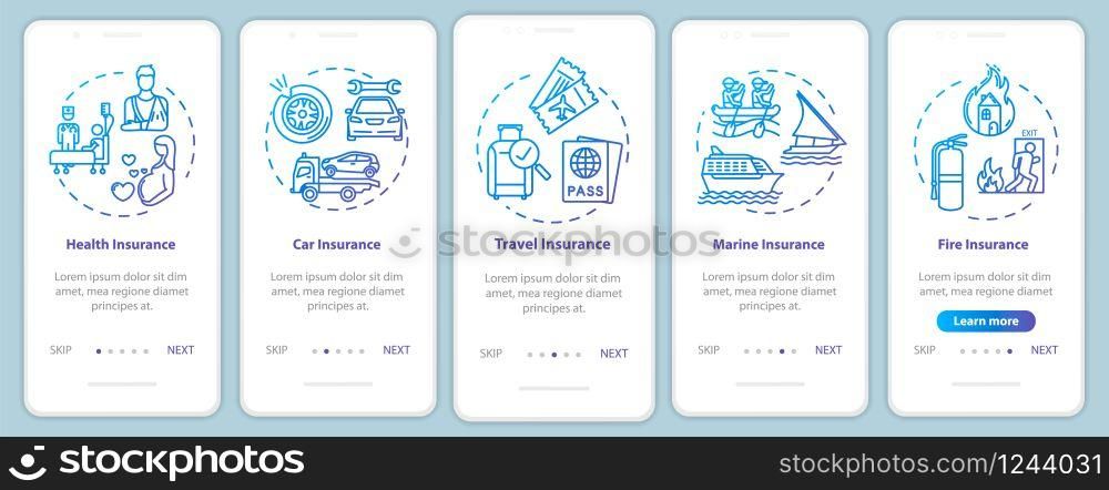 Financial aid onboarding mobile app page screen with concepts. Tourism cost. Insurance plan walkthrough 5 steps graphic instructions. UI vector template with RGB color illustrations