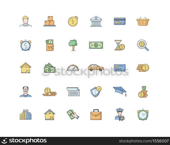 Financial aid RGB color icons set. Business investment. Financial operation. Monetary gain. Deposit money. Credit to buy property. Mortgage cash. Revenue and benefit. Isolated vector illustrations. Financial aid RGB color icons set