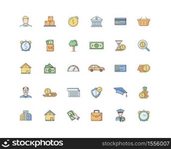 Financial aid RGB color icons set. Business investment. Financial operation. Monetary gain. Deposit money. Credit to buy property. Mortgage cash. Revenue and benefit. Isolated vector illustrations. Financial aid RGB color icons set