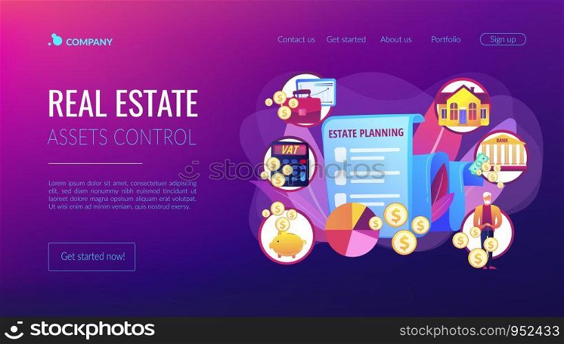 Financial analysis and budgeting. Property taxes and expenses. Estate planning, real estate assets control, keep documents in order concept. Website homepage landing web page template.. Estate planning concept landing page