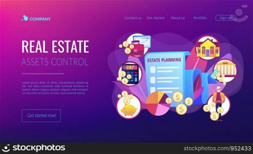 Financial analysis and budgeting. Property taxes and expenses. Estate planning, real estate assets control, keep documents in order concept. Website homepage landing web page template.. Estate planning concept landing page