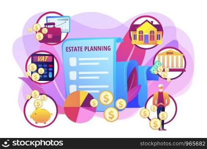 Financial analysis and budgeting. Property taxes and expenses. Estate planning, real estate assets control, keep documents in order concept. Bright vibrant violet vector isolated illustration. Estate planning concept vector illustration