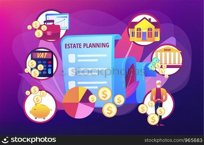 Financial analysis and budgeting. Property taxes and expenses. Estate planning, real estate assets control, keep documents in order concept. Bright vibrant violet vector isolated illustration. Estate planning concept vector illustration