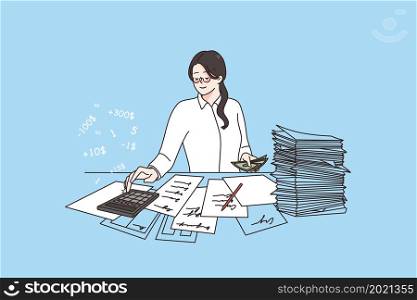 Financial analysis and calculating concept. Positive asian woman accountant sitting in office calculating expenses and financial situation vector illustration . Financial analysis and calculating concept