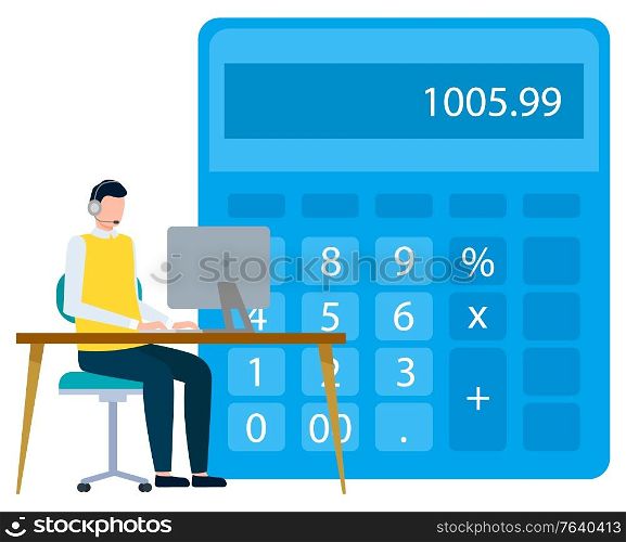 Financial analysis and calculation vector, isolated man sitting on table with laptop. Calculator with numbers and stats, result of projects flat style. Financial Statistics, Man on Laptop Calculating