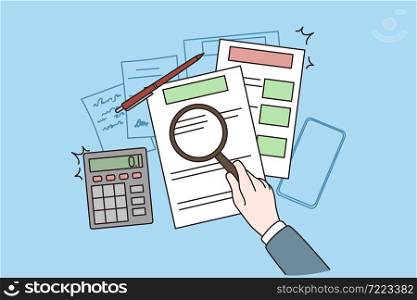 Financial analysis and figures concept. Top view of human hands worker counting bills figures with magnifier and calculator over table vector illustration . Financial analysis and figures concept.
