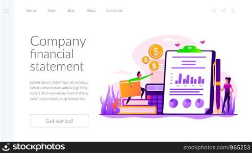 Financial analysis, business plan. Profit and loss report. Cash flow statement. Income statement, company financial statement, balance sheet concept. Website homepage header landing web page template.. Income statement landing page template