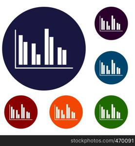 Financial analysis chart icons set in flat circle reb, blue and green color for web. Financial analysis chart icons set