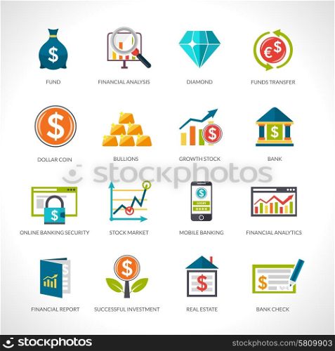Financial Analysis Icons Set. Financial analysis and investment funding flat design icons set isolated vector illustration