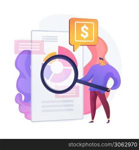 Financial analysis. Man cartoon character with magnifying glass analyzing circular diagram with colorful segments. Assessment, audit, research. Vector isolated concept metaphor illustration. Financial analysis vector concept metaphor