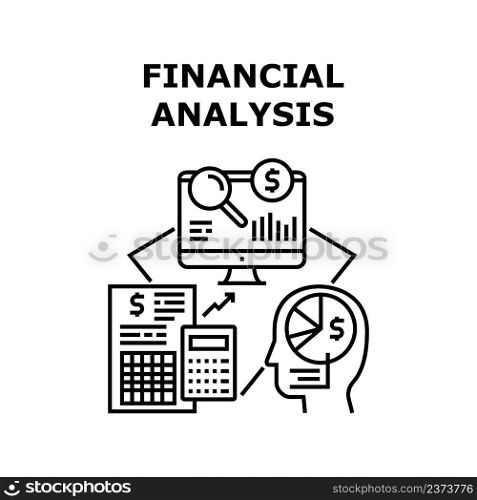 Financial Analysis Vector Icon Concept. Financial Analysis And Researchment Company Annual Report, Calculating Income And Expense. Researching And Analyzing Diagram Black Illustration. Financial Analysis Vector Concept Illustration