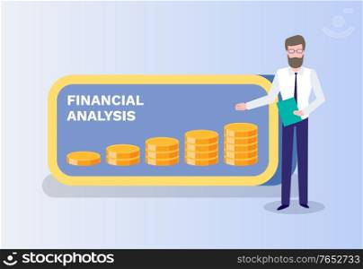 Financial analysis vector, presenter with infographic made in coins, gold money assets, predictions of banking service. Presenting new ideas of bank. Financial Analysis Man Presenting Infochart Vector