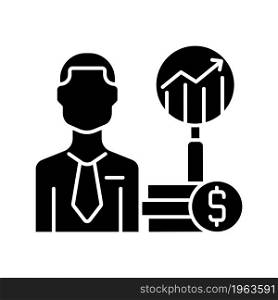 Financial analyst black glyph icon. Specialist undertaking analysis. Business decisions guiding expert. Investment and banking career. Silhouette symbol on white space. Vector isolated illustration. Financial analyst black glyph icon