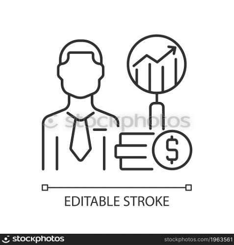 Financial analyst linear icon. Specialist undertaking analysis. Finance data examiner. Thin line customizable illustration. Contour symbol. Vector isolated outline drawing. Editable stroke. Financial analyst linear icon