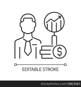 Financial analyst linear icon. Specialist undertaking analysis. Finance data examiner. Thin line customizable illustration. Contour symbol. Vector isolated outline drawing. Editable stroke. Financial analyst linear icon