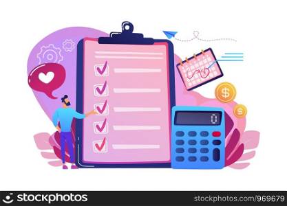 Financial analyst planning at checklist on clipboard, calculator and calendar. Budget planning, balanced budget, company budget management concept. Bright vibrant violet vector isolated illustration. Budget planning concept vector illustration.
