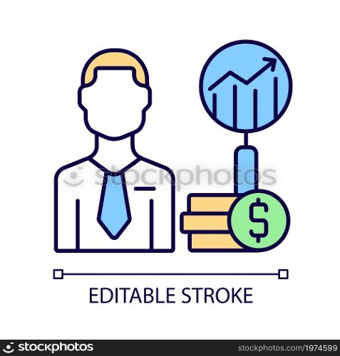 Financial analyst RGB color icon. Specialist undertaking analysis. Finance data examiner. Investment and banking career. Isolated vector illustration. Simple filled line drawing. Editable stroke. Financial analyst RGB color icon