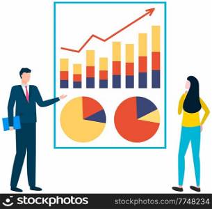 Financial analyst team. Professional business people analyzing business growth by statistical dashboard. Marketing research concept with person standing near presentation with success diagram. Financial analyst team. Professional businessmen analyzing business growth by statistical dashboard