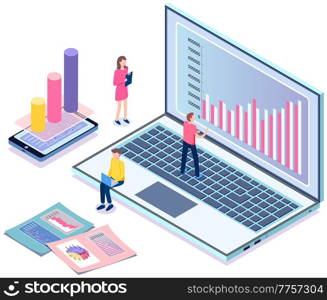 Financial analyst team. Professional businessmen analyzing business growth by statistical dashboard. Marketing research concept isometric design with person standing near monitor with success diagram. Financial analyst team. Professional businessmen analyzing business growth by statistical dashboard