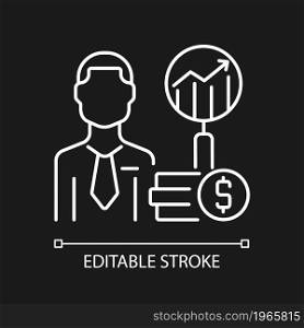 Financial analyst white linear icon for dark theme. Specialist undertaking finance analysis. Thin line customizable illustration. Isolated vector contour symbol for night mode. Editable stroke. Financial analyst white linear icon for dark theme