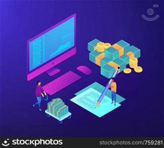 Financial analyst with computer and pen calculating cash flow statement. Cash flow statement, cash flow management, financial plan concept. Ultraviolet neon vector isometric 3D illustration.. Cash flow statement isometric 3D concept illustration.