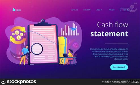 Financial analyst with magnifier looking at cash flow statement on clipboard. Cash flow statement, cash flow management, financial plan concept. Website vibrant violet landing web page template.. Cash flow statement concept landing page.