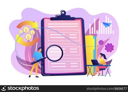 Financial analyst with magnifier looking at cash flow statement on clipboard. Cash flow statement, cash flow management, financial plan concept. Bright vibrant violet vector isolated illustration. Cash flow statement concept vector illustration.