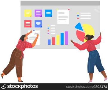 Financial analysts at work cartoon vector concept with business team work together at office with data and indicators, make sales plan, develop strategy. Analyzing infographics with growth indicators. Financial analysts at work vector concept with business team work together at office with data