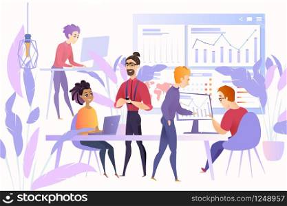 Financial Analysts at Work Cartoon Vector Concept with Millennials Business Team or Stockbrokers Working Together at Office, Analyzing Infographics with Growth Indicators, Tracking Stock Fluctuations