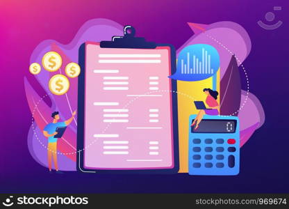 Financial analysts doing income statement with calculator and laptop. Income statement, company financial statement, balance sheet concept. Bright vibrant violet vector isolated illustration. Income statement concept vector illustration.