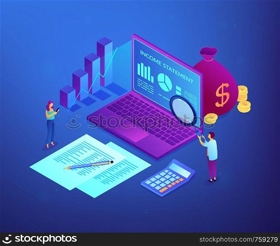 Financial analysts with magnifier and laptop counting income statement. Income statement, company financial statement, balance sheet concept. Ultraviolet neon vector isometric 3D illustration.. Income statement isometric 3D concept illustration.