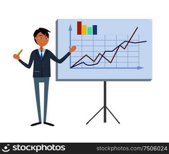 Financial analytic making presentation, man in expensive suit in cartoon style. Happy manager pointing on tripod board with growing charts and graphs. Financial Analytic Making Presentation Man in Suit