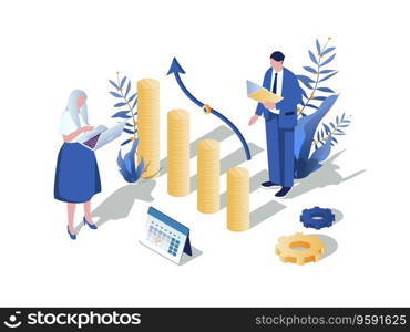 Financial analytics concept 3d isometric web scene. People working with data graphs and calculating money, accounting for report, making market research. Vector illustration in isometry graphic design