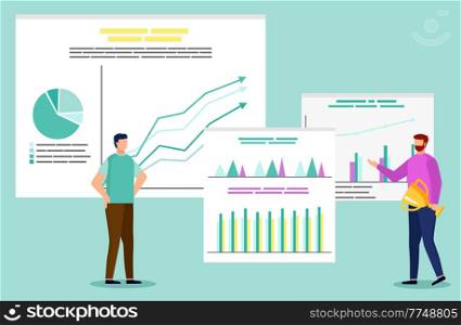 Financial analytics or accounting, research and planning, businessmen and goal achievement vector. Report, market analysis, finance table or graph. Chart statistics, economy and business illustration. Analytical Data, Financial Charts and Graphics