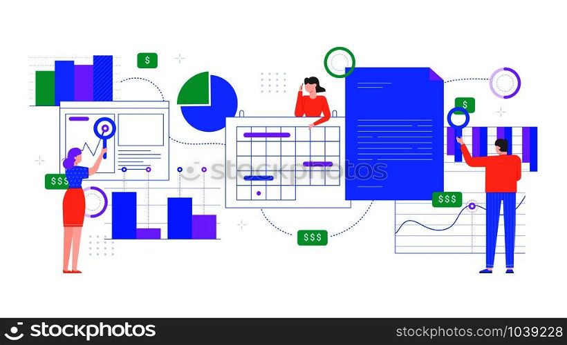 Financial analytics. People analyze financial charts, income graph analysis and office workers work together. Teamwork flat vector illustration. Business forecast, research and statistics. Financial analytics. People analyze financial charts, income graph analysis and office workers work together. Teamwork concept flat vector illustration. Employees cooperation and research