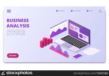 Financial analytics vector page template. Business statistics charts, diagrams. Illustration of business diagram page, monitoring analysis, visualization data isometric. Financial analytics vector page template. Business statistics charts, diagrams