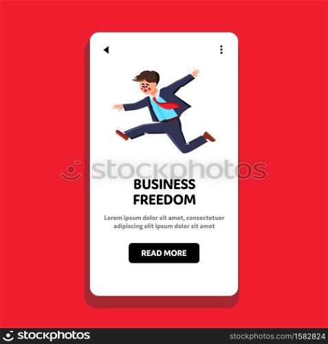 Financial And Business Freedom Businessman Vector. Young Entrepreneur Man Running And Jumping, Success Business Freedom. Character Challenge Goal Achievement Web Flat Cartoon Illustration. Financial And Business Freedom Businessman Vector