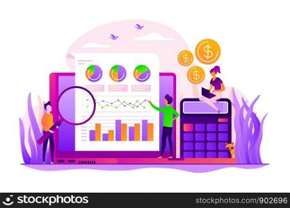 Financial and it audit. Auditors learning fin data of the company and analyzing charts. Financial statement, independent auditor, IT business solutions concept. Vector isolated concept illustration. Financial and it audit concept vector illustration