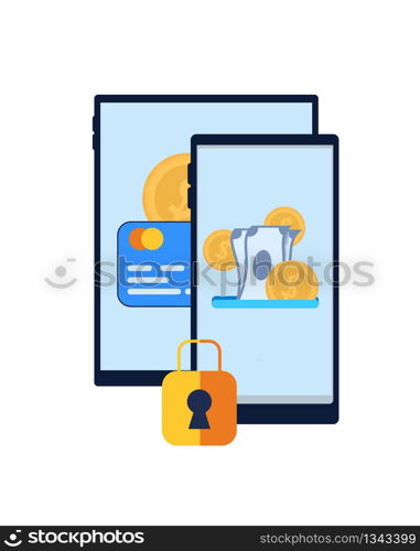 Financial Application Synchronization. Vector Flat Illustration on White Background. In Foreground is Golden Castle. Smartphone on Blue Screen Cash. Tablet on Credit Card Display.